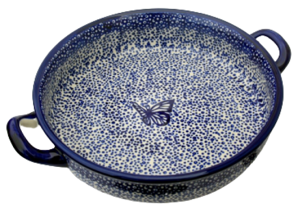 Polish Pottery round baker w handles 23,5 cms blue butterfly pattern