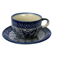 Polish Pottery cup and saucer blue butterfly design