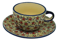 Polish Pottery cup and saucer Voila grey-red pattern