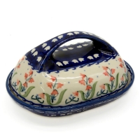 Polish Pottery Butter Dish large handle red campanula design