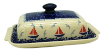 Bunzlauer Keramik rechteckige Butterdose für 250 g, Dekor Sail, Seitenansicht