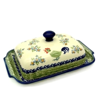 Polish Pottery Butterdish flat with round handle in Pattern Bianca