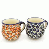 Polish-Pottery-set-of-two-belly-mugs-Violet-red-and-Violet-blue-design