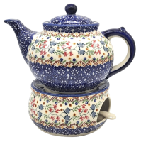 Polish Pottery Teapot for 6 cups with warmer, design Florac