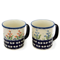 Bunzlauer Becher-Set Dekor Glockenblume blau und rot