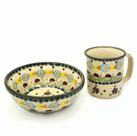 Polish Pottery breakfast set with small cereal bowl and mug Ladybird design