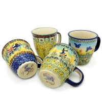 Polish Pottery set of 4 Marst mugs, signature patterns Carmen, swallow, papillon, gold