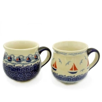 Polish-Pottery-set-of-two-belly-mugs-ahoi-sail-pattern