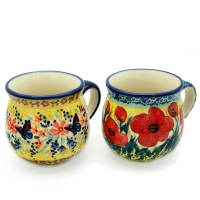 Polish-Pottery-set-of-two-belly-mugs-Violet-red-and-Violet-blue-design