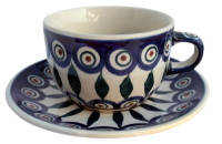 Polish Pottery Cup and Saucer Set in Eye of Peacock Pattern